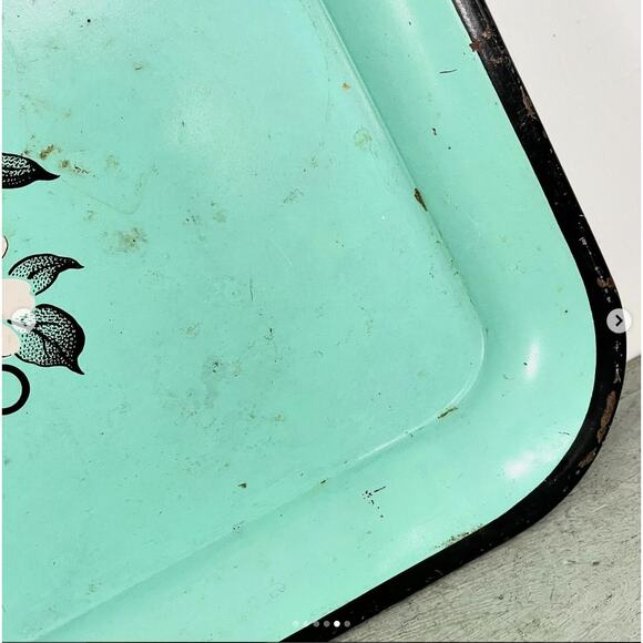 Vintage Rare Tin Tole Tray Toleware Teal Green Black Floral Flower Basket Rust - Picture 5 of 6